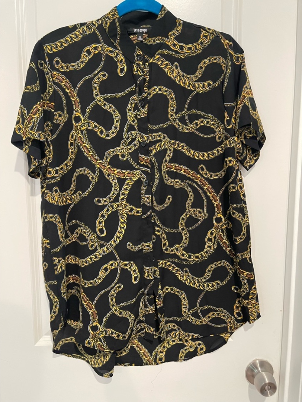 Women's Short-Sleeve Blouse with Gold Chain Print - Black